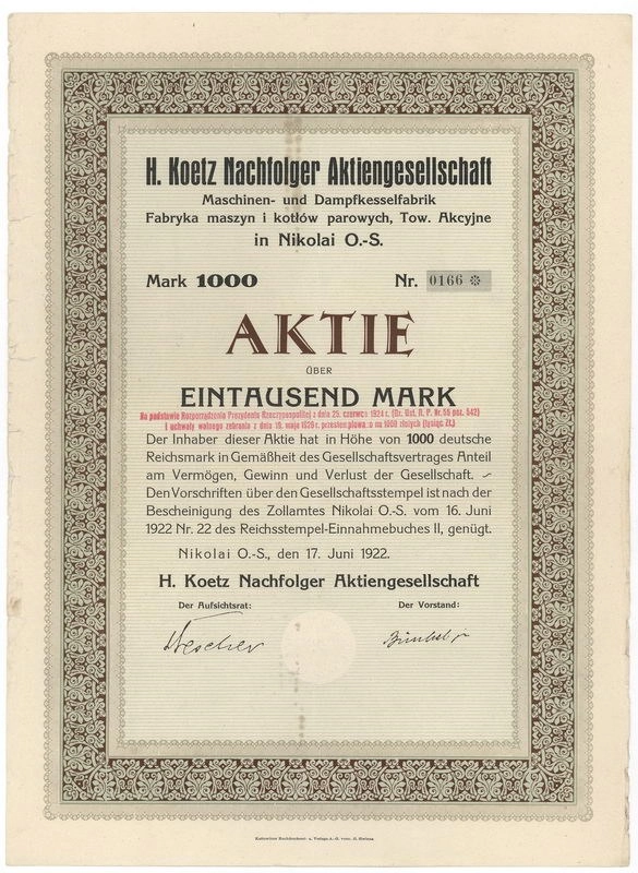 Zdjęcie akcji "H. Koetz Nachfolger" Aktiengesellschaft Maschinen- und Dampfkesselfabrik - Fabryka Maszyn i Kotłów Parowych, Towarzystwo Akcyjne