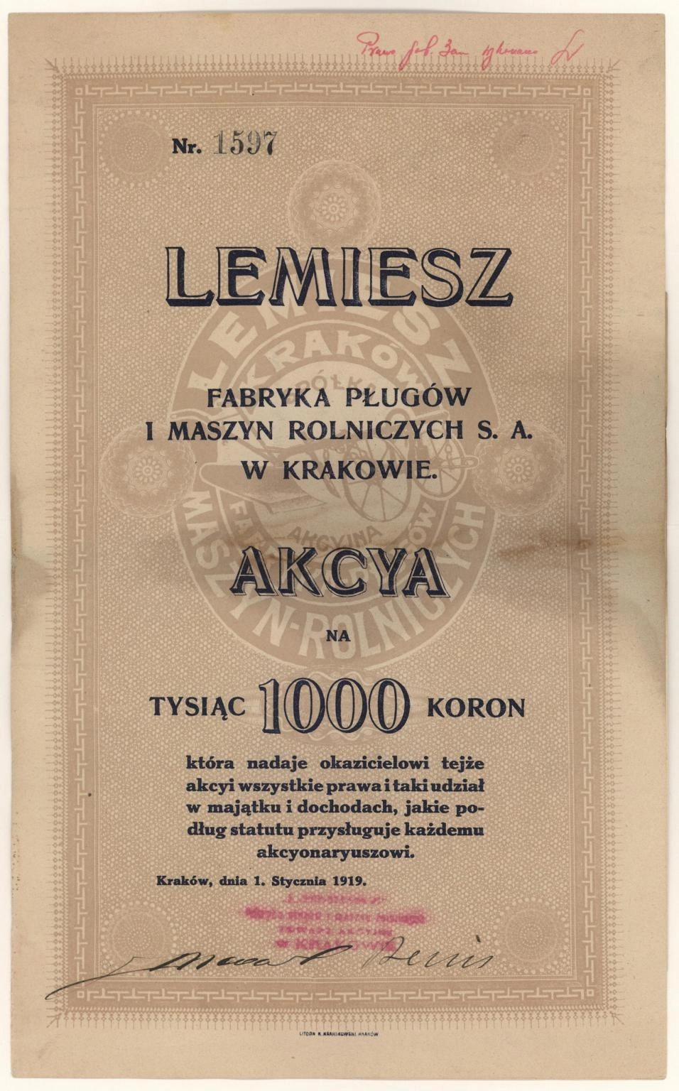 Zdjęcie akcji "Lemiesz" Fabryka Pługów i Maszyn Rolniczych Spółka Akcyjna