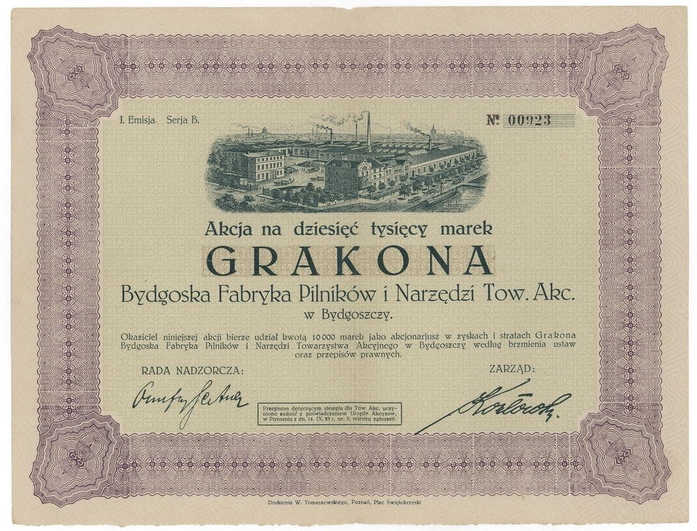 Zdjęcie akcji "Grakona" Bydgoska Fabryka Pilników i Narzędzi Towarzystwo Akcyjne w Bydgoszczy