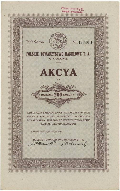 Zdjęcie akcji Polskie Towarzystwo Handlowe Spółka Akcyjna w Krakowie