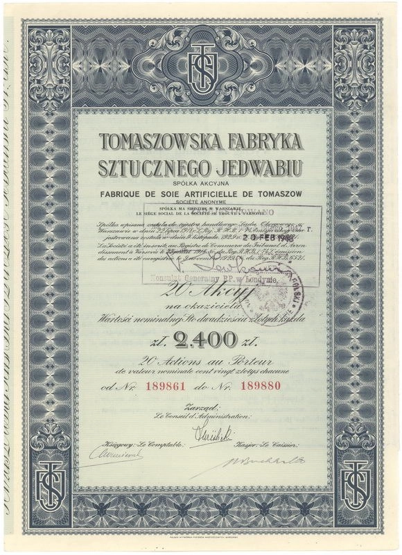 Zdjęcie akcji Tomaszowska Fabryka Sztucznego Jedwabiu Spółka Akcyjna