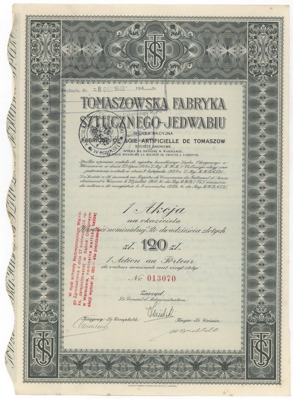 Zdjęcie akcji Tomaszowska Fabryka Sztucznego Jedwabiu Spółka Akcyjna