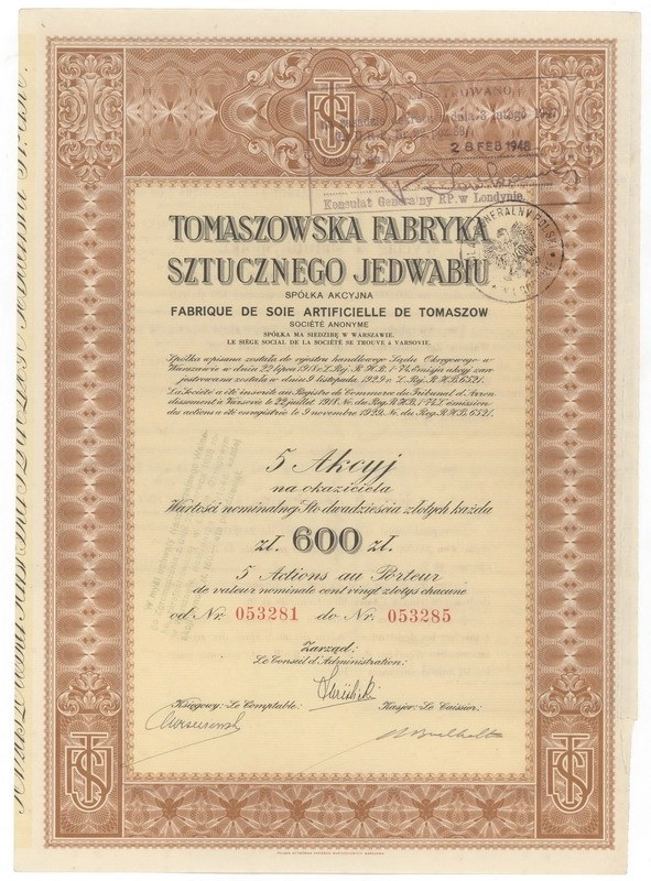 Zdjęcie akcji Tomaszowska Fabryka Sztucznego Jedwabiu Spółka Akcyjna