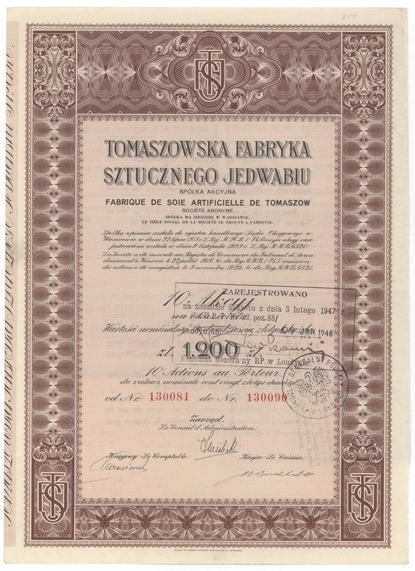 Zdjęcie akcji Tomaszowska Fabryka Sztucznego Jedwabiu Spółka Akcyjna