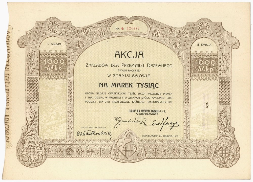Zdjęcie akcji Zakłady dla Przemysłu Drzewnego Spółka Akcyjna w Stanisławowie