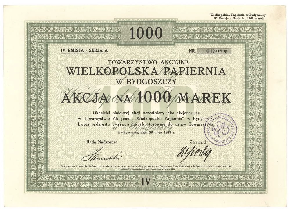 Zdjęcie akcji Towarzystwo Akcyjne Wielkopolska Papiernia w Bydgoszczy