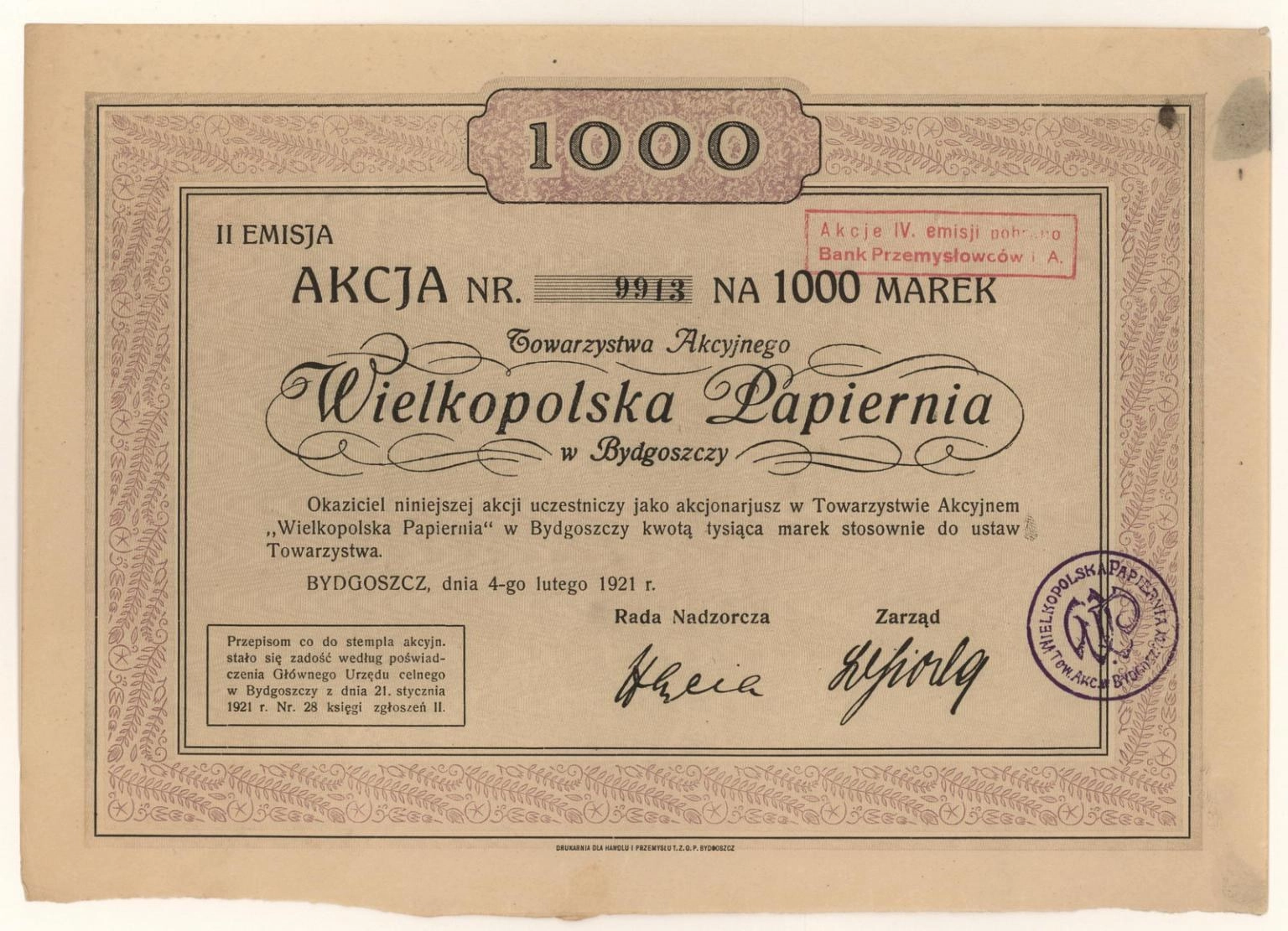 Zdjęcie akcji Towarzystwo Akcyjne Wielkopolska Papiernia w Bydgoszczy