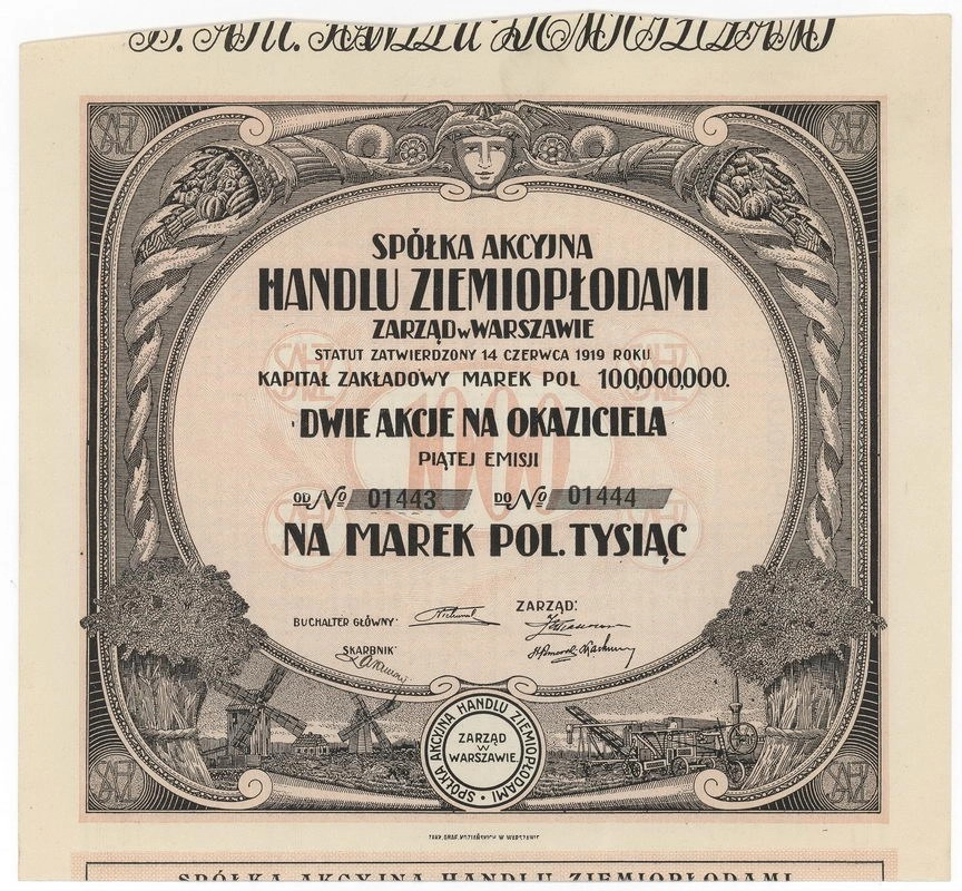Zdjęcie akcji Spółka Akcyjna Handlu Ziemiopłodami w Warszawie