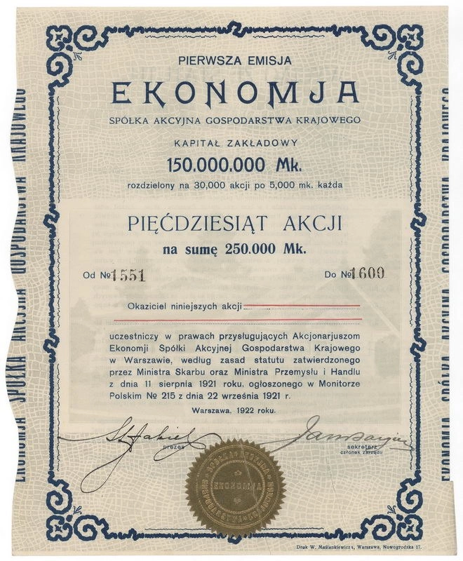 Zdjęcie akcji Spółka Akcyjna Gospodarstwa Krajowego "Ekonomja"