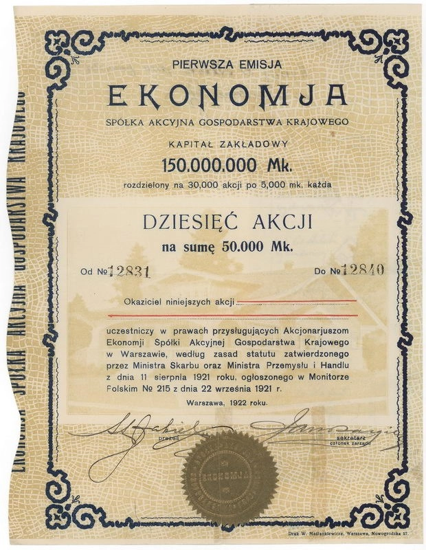 Zdjęcie akcji Spółka Akcyjna Gospodarstwa Krajowego "Ekonomja"