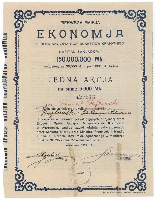 Zdjęcie akcji Spółka Akcyjna Gospodarstwa Krajowego "Ekonomja"