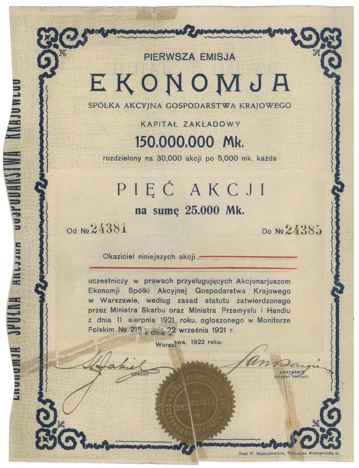 Zdjęcie akcji Spółka Akcyjna Gospodarstwa Krajowego "Ekonomja"