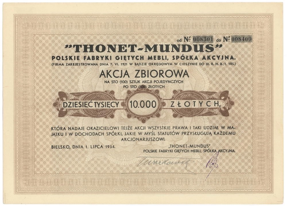 Zdjęcie akcji Polskie Fabryki Giętych Mebli "Thonet-Mundus" Spółka Akcyjna