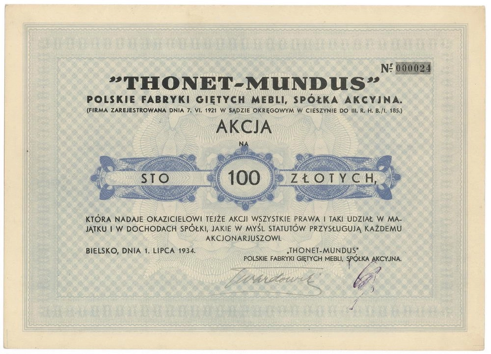 Zdjęcie akcji Polskie Fabryki Giętych Mebli "Thonet-Mundus" Spółka Akcyjna