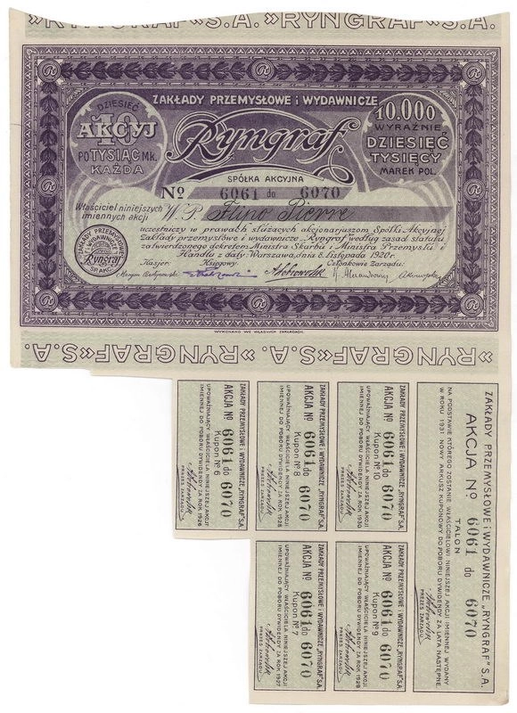 Zdjęcie akcji Zakłady Przemysłowe i Wydawnicze "Ryngraf" Spółka Akcyjna