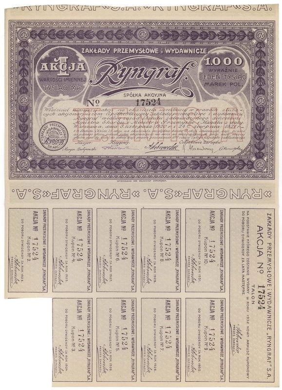 Zdjęcie akcji Zakłady Przemysłowe i Wydawnicze "Ryngraf" Spółka Akcyjna