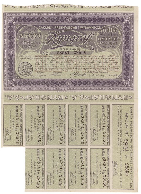 Zdjęcie akcji Zakłady Przemysłowe i Wydawnicze "Ryngraf" Spółka Akcyjna