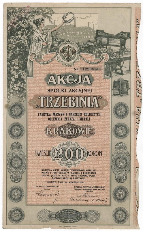 Zdjęcie akcji Fabryka Maszyn i Narzędzi Rolniczych, Odlewnia Żelaza i Metali "Trzebinia" Spółka Akcyjna w Krakowie