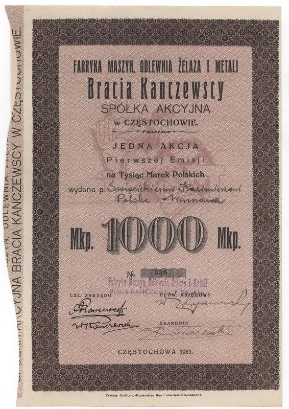 Zdjęcie akcji Fabryka Maszyn, Odlewnia Żelaza i Metali "Bracia Kanczewscy" Spółka Akcyjna