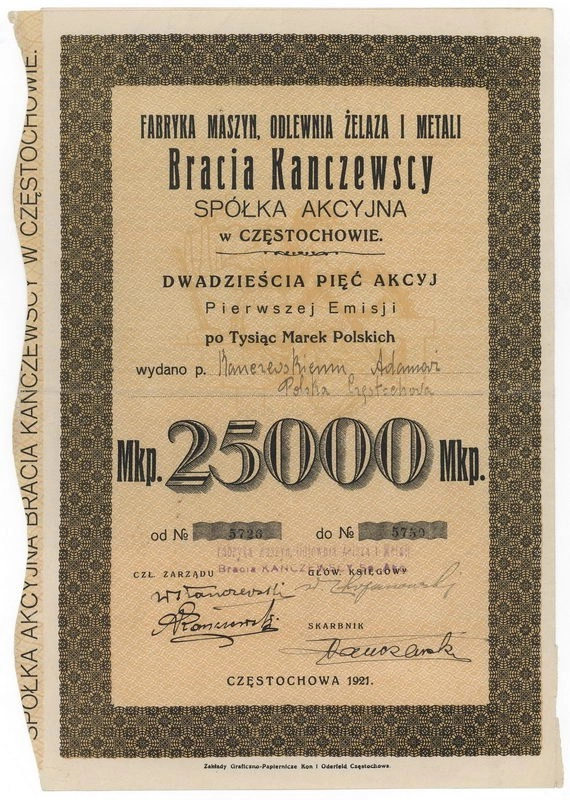 Zdjęcie akcji Fabryka Maszyn, Odlewnia Żelaza i Metali "Bracia Kanczewscy" Spółka Akcyjna