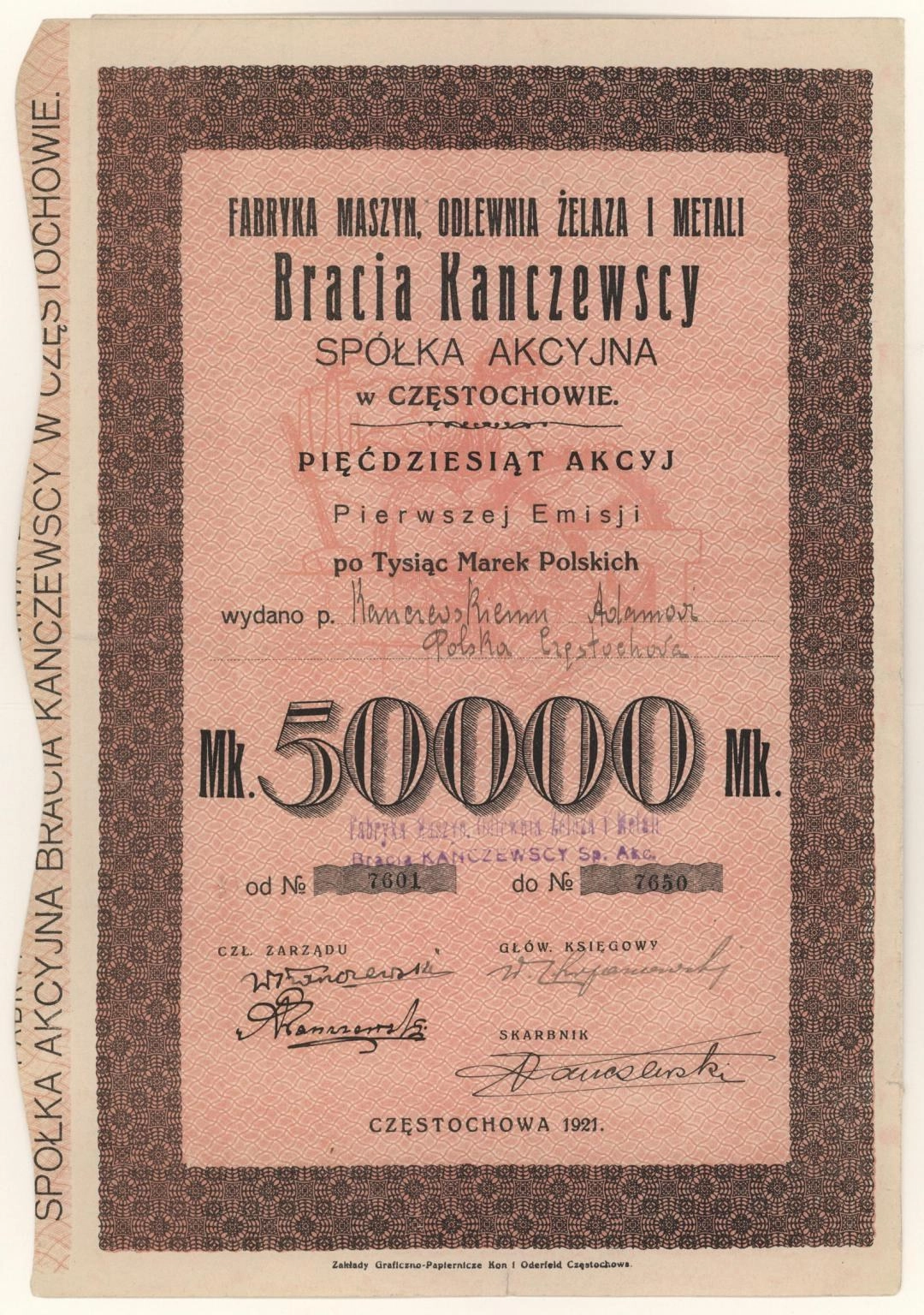 Zdjęcie akcji Fabryka Maszyn, Odlewnia Żelaza i Metali "Bracia Kanczewscy" Spółka Akcyjna