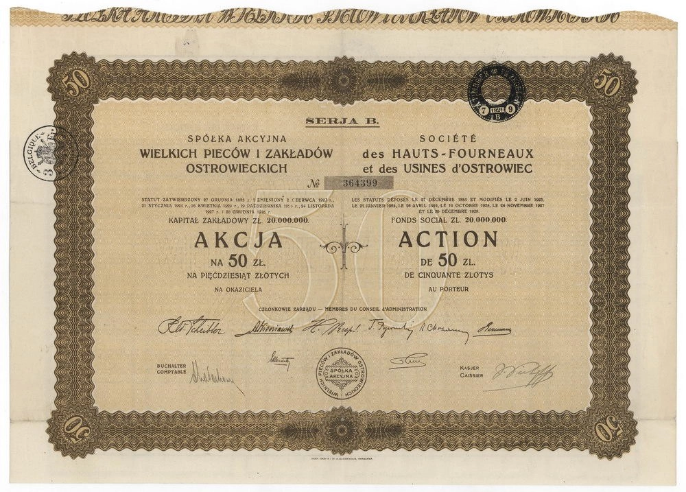 Zdjęcie akcji Spółka Akcyjna Wielkich Pieców i Zakładów Ostrowieckich