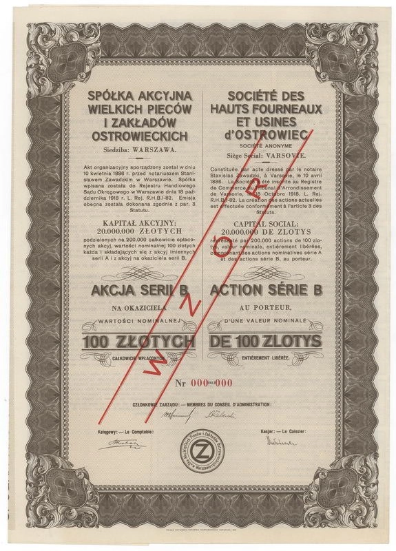 Zdjęcie akcji Spółka Akcyjna Wielkich Pieców i Zakładów Ostrowieckich