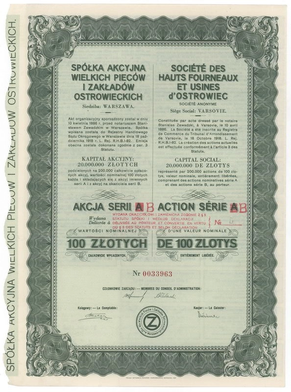 Zdjęcie akcji Spółka Akcyjna Wielkich Pieców i Zakładów Ostrowieckich