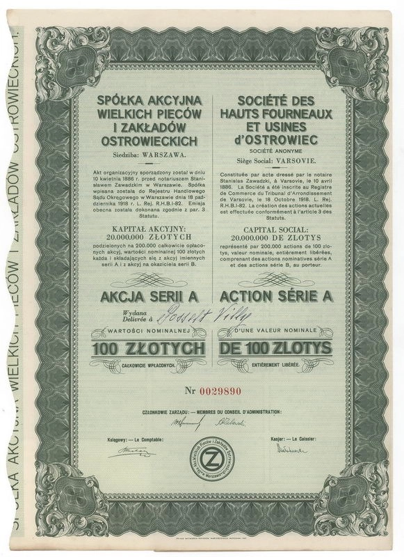 Zdjęcie akcji Spółka Akcyjna Wielkich Pieców i Zakładów Ostrowieckich