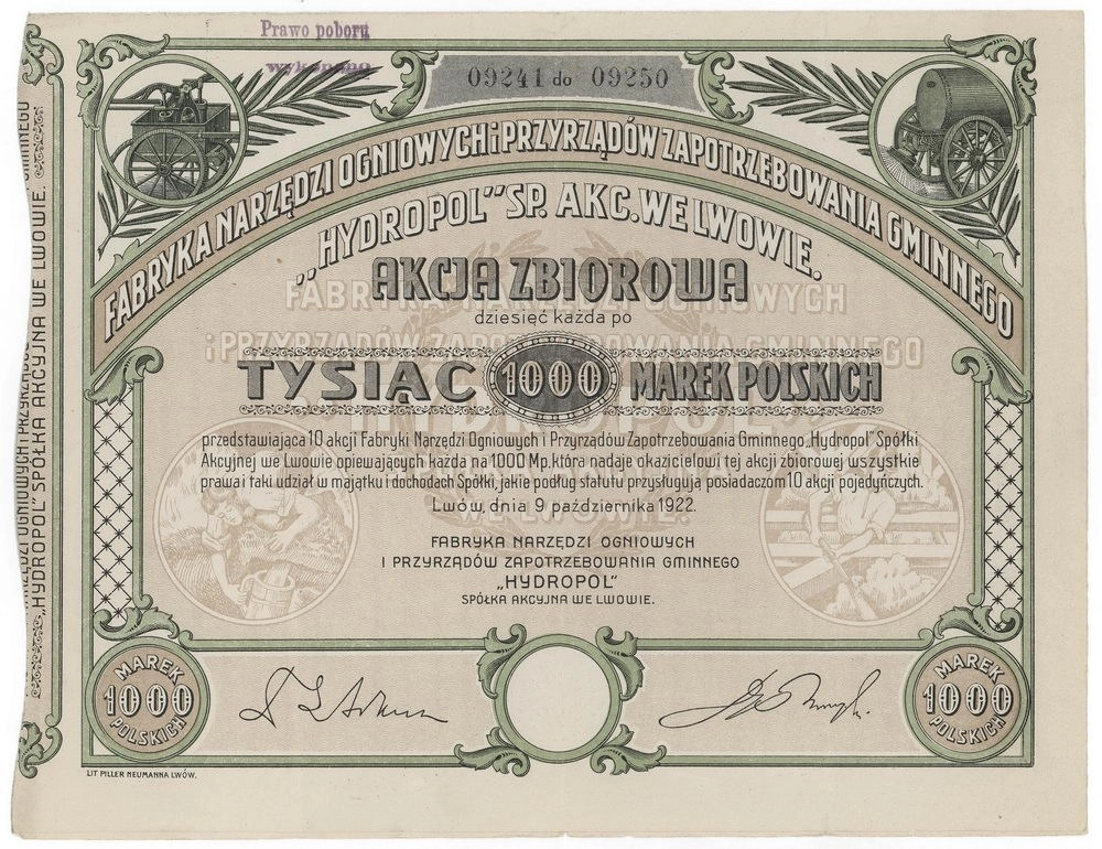 Zdjęcie akcji Fabryka Narzędzi Ogniowych i Przyrządów Zapotrzebowania Gminnego "Hydropol" Spółka Akcyjna we Lwowie