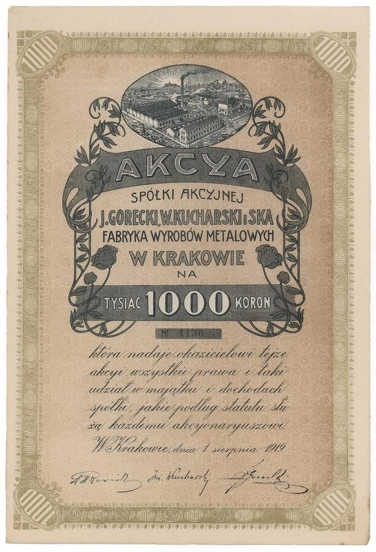 Zdjęcie akcji Spółka Akcyjna "J. Górecki, W. Kucharski i S-ka" Fabryka Wyrobów Metalowych w Krakowie
