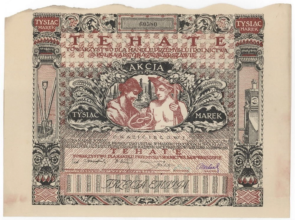 Zdjęcie akcji "Tehate" Towarzystwo dla Handlu, Przemysłu i Rolnictwa Spółka Akcyjna w Warszawie