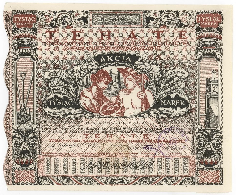 Zdjęcie akcji "Tehate" Towarzystwo dla Handlu, Przemysłu i Rolnictwa Spółka Akcyjna w Warszawie