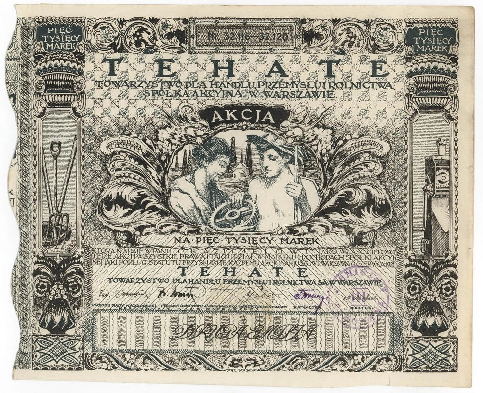 Zdjęcie akcji "Tehate" Towarzystwo dla Handlu, Przemysłu i Rolnictwa Spółka Akcyjna w Warszawie