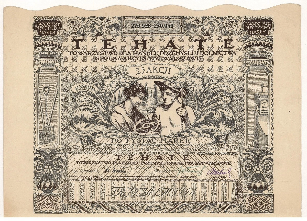 Zdjęcie akcji "Tehate" Towarzystwo dla Handlu, Przemysłu i Rolnictwa Spółka Akcyjna w Warszawie