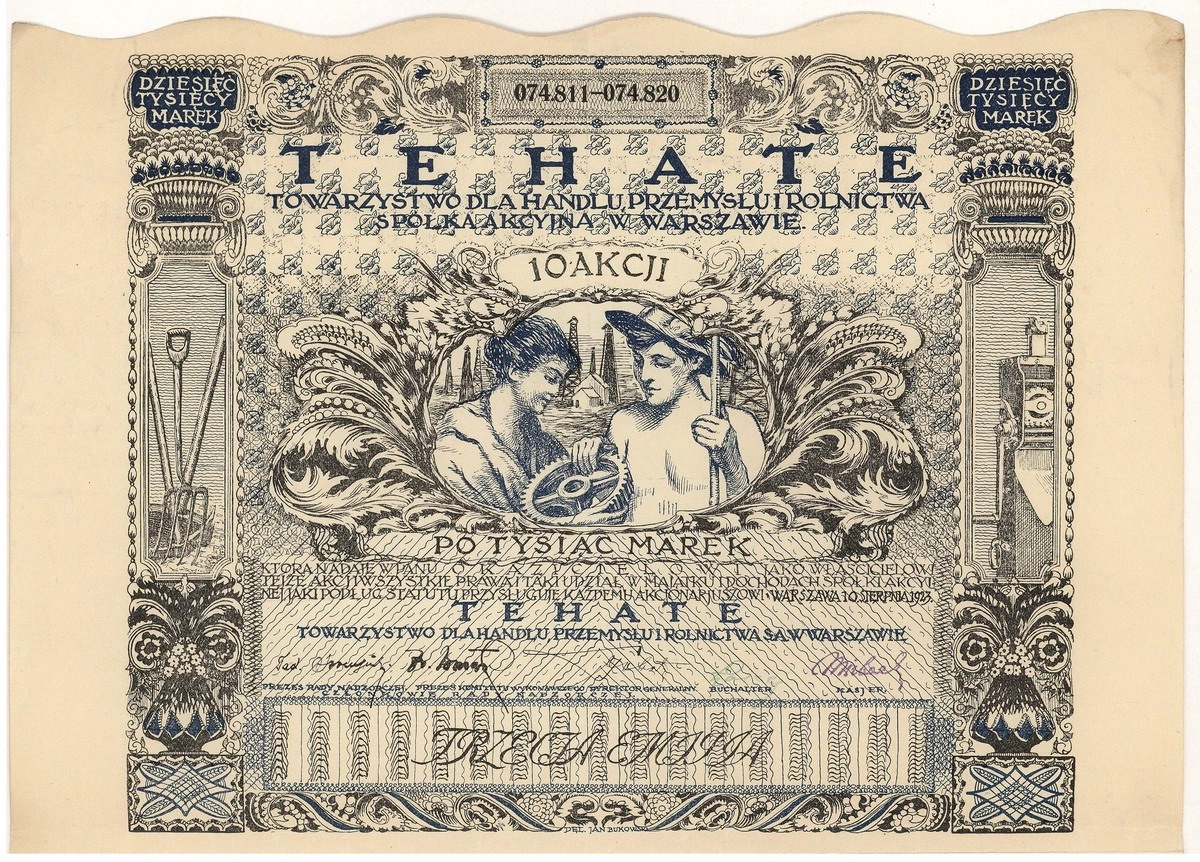Zdjęcie akcji "Tehate" Towarzystwo dla Handlu, Przemysłu i Rolnictwa Spółka Akcyjna w Warszawie