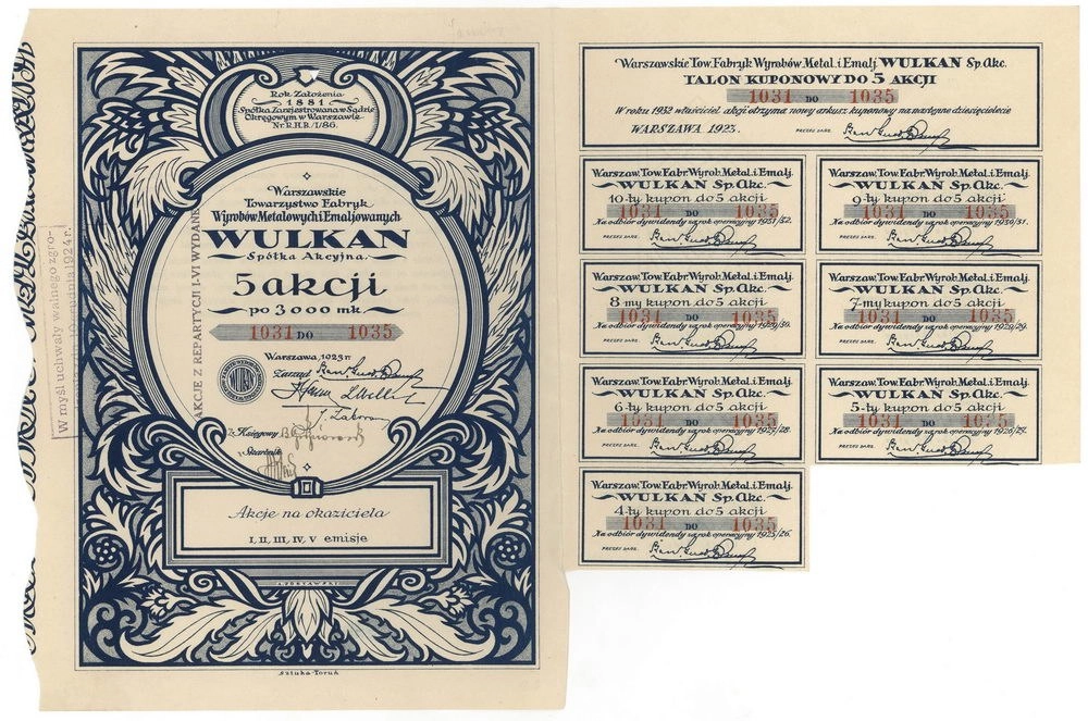 Zdjęcie akcji Warszawskie Towarzystwo Fabryk Wyrobów Metalowych i Emaliowanych "Wulkan" Spółka Akcyjna