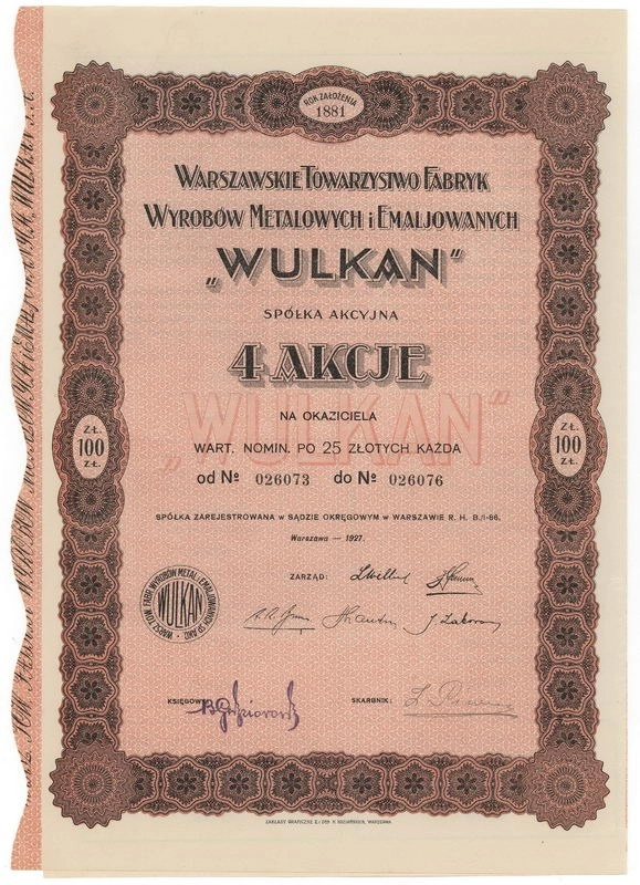 Zdjęcie akcji Warszawskie Towarzystwo Fabryk Wyrobów Metalowych i Emaliowanych "Wulkan" Spółka Akcyjna