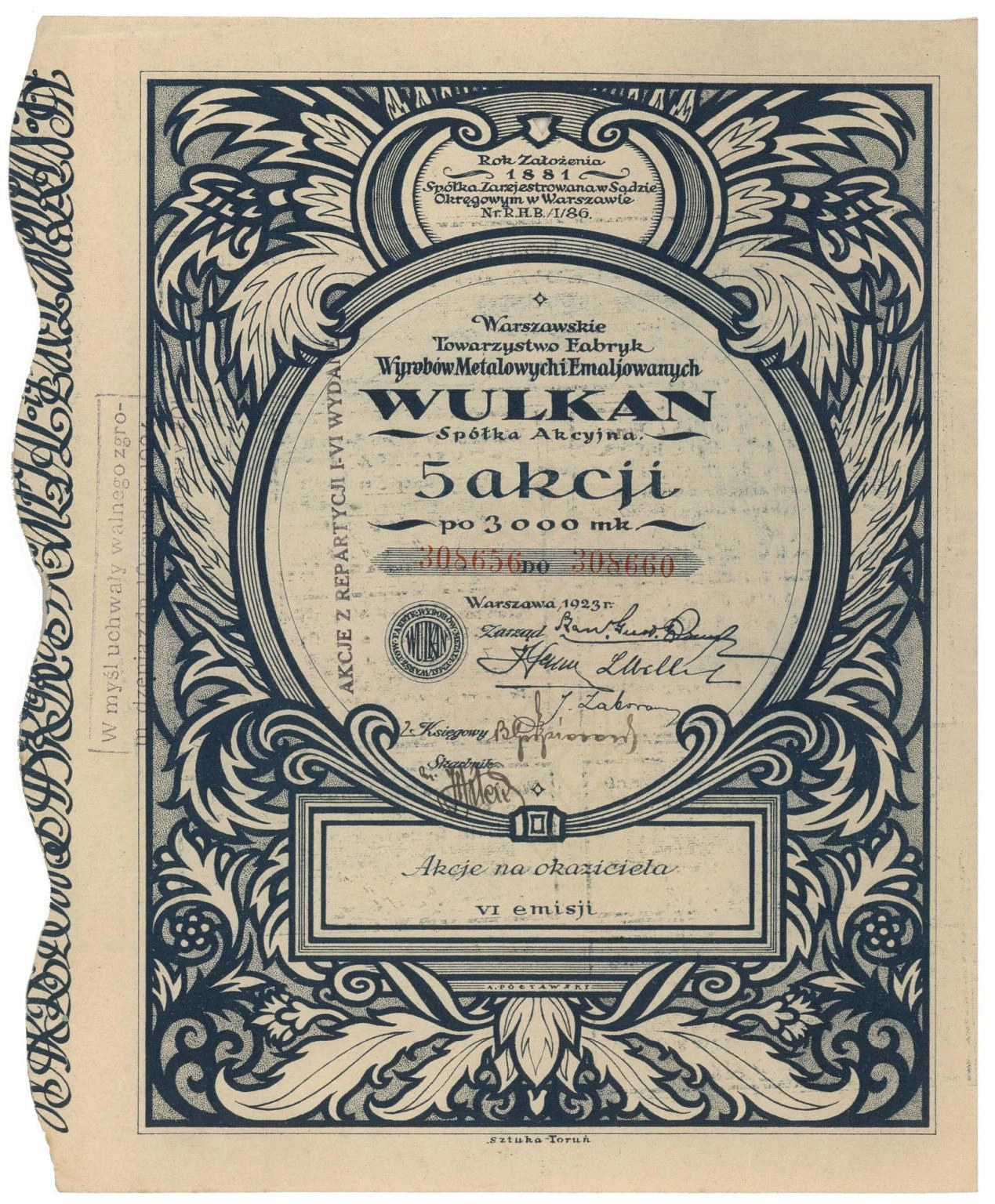 Zdjęcie akcji Warszawskie Towarzystwo Fabryk Wyrobów Metalowych i Emaliowanych "Wulkan" Spółka Akcyjna