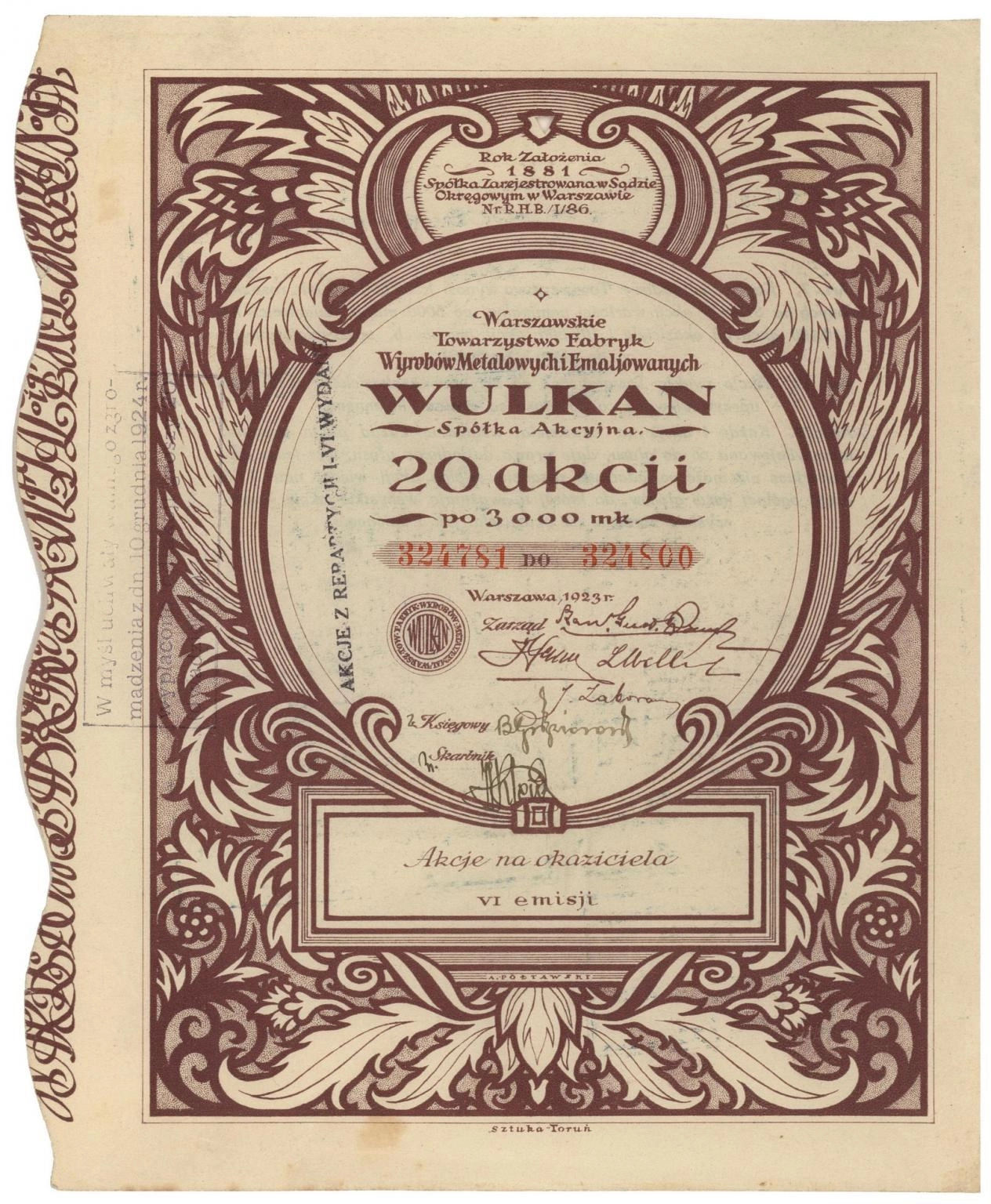 Zdjęcie akcji Warszawskie Towarzystwo Fabryk Wyrobów Metalowych i Emaliowanych "Wulkan" Spółka Akcyjna