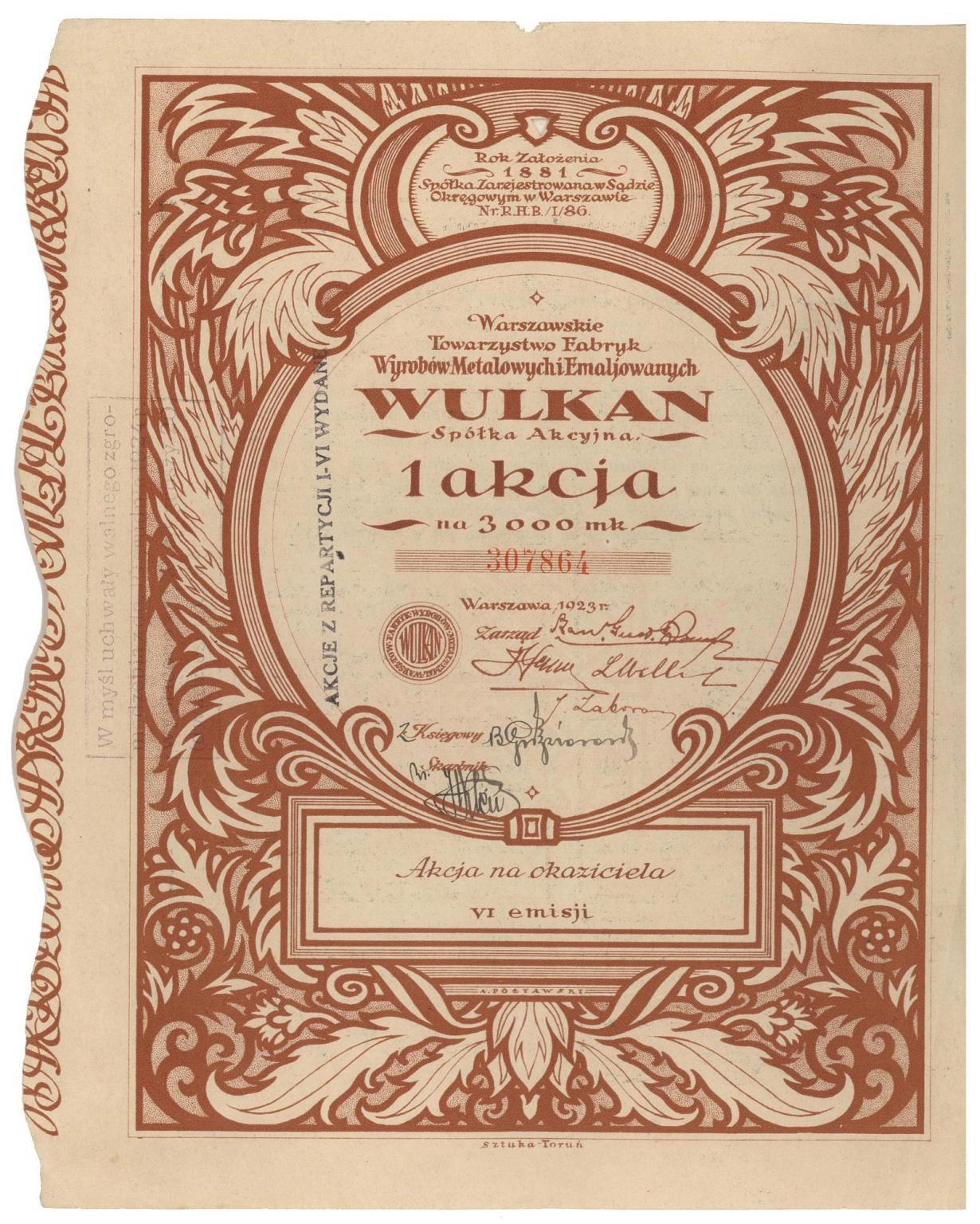 Zdjęcie akcji Warszawskie Towarzystwo Fabryk Wyrobów Metalowych i Emaliowanych "Wulkan" Spółka Akcyjna