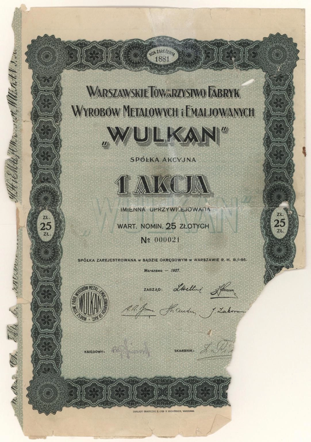 Zdjęcie akcji Warszawskie Towarzystwo Fabryk Wyrobów Metalowych i Emaliowanych "Wulkan" Spółka Akcyjna