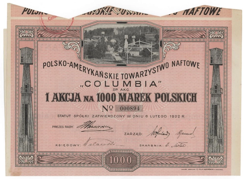 Zdjęcie akcji Polsko-Amerykańskie Towarzystwo Naftowe "Columbia" Spółka Akcyjna