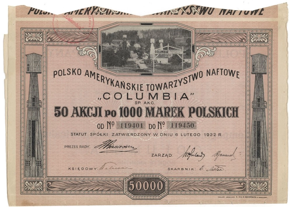Zdjęcie akcji Polsko-Amerykańskie Towarzystwo Naftowe "Columbia" Spółka Akcyjna