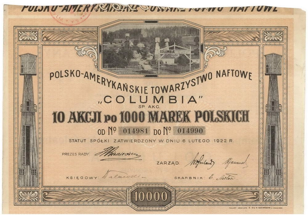Zdjęcie akcji Polsko-Amerykańskie Towarzystwo Naftowe "Columbia" Spółka Akcyjna
