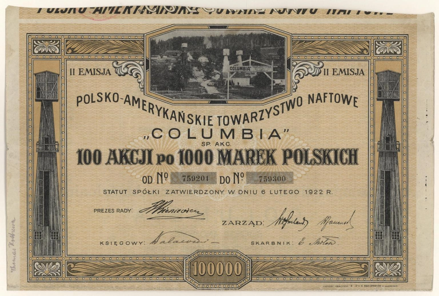 Zdjęcie akcji Polsko-Amerykańskie Towarzystwo Naftowe "Columbia" Spółka Akcyjna