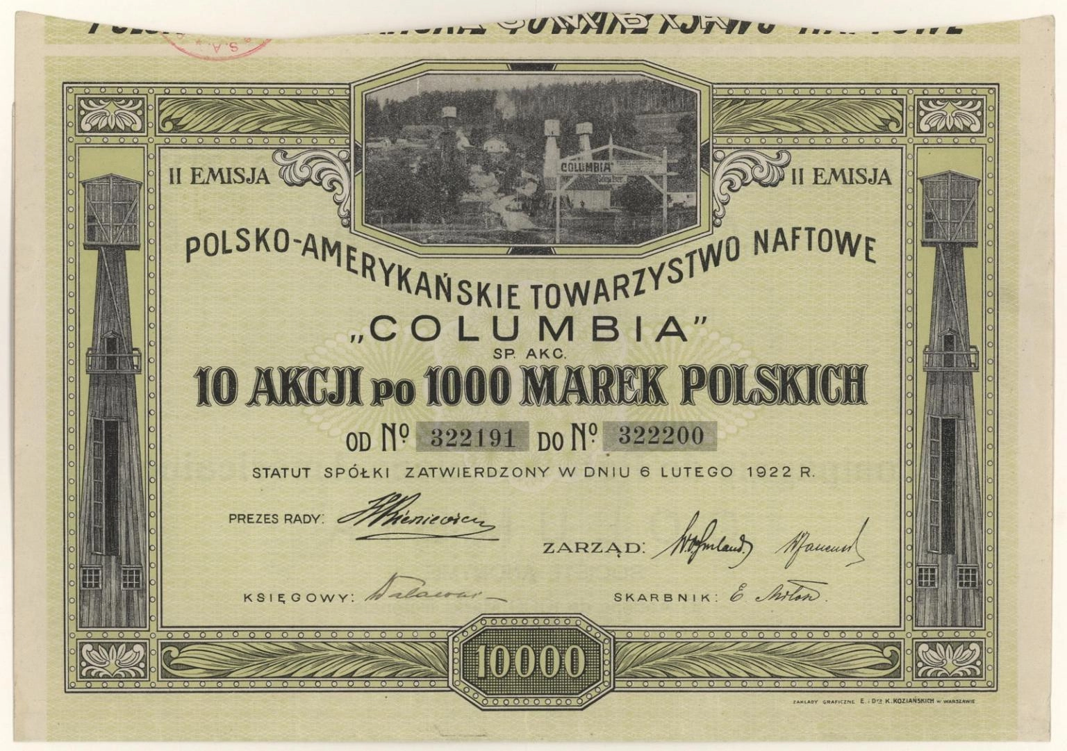 Zdjęcie akcji Polsko-Amerykańskie Towarzystwo Naftowe "Columbia" Spółka Akcyjna