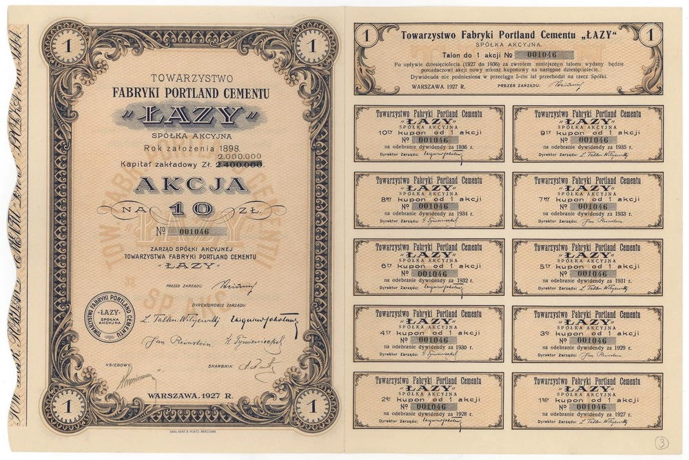 Zdjęcie akcji Towarzystwo Fabryki Portland Cementu "Łazy" Spółka Akcyjna