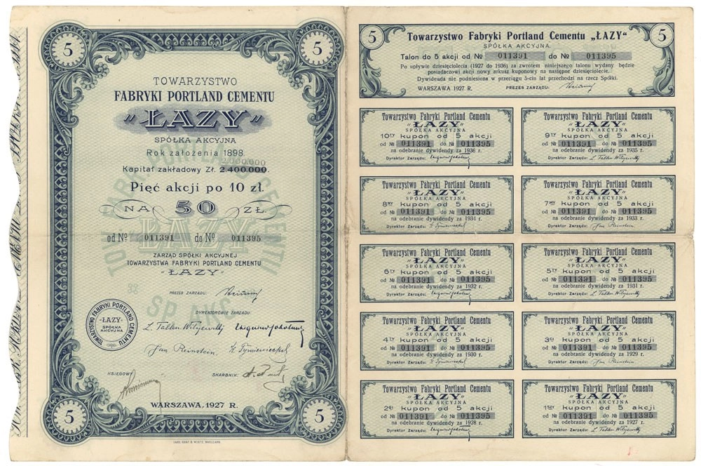 Zdjęcie akcji Towarzystwo Fabryki Portland Cementu "Łazy" Spółka Akcyjna