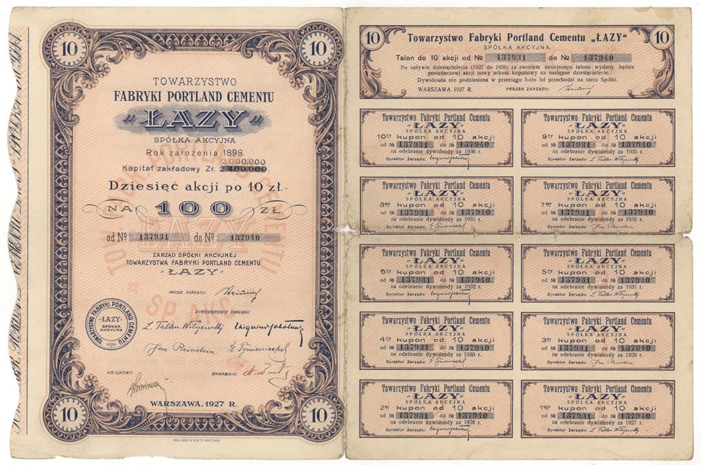 Zdjęcie akcji Towarzystwo Fabryki Portland Cementu "Łazy" Spółka Akcyjna
